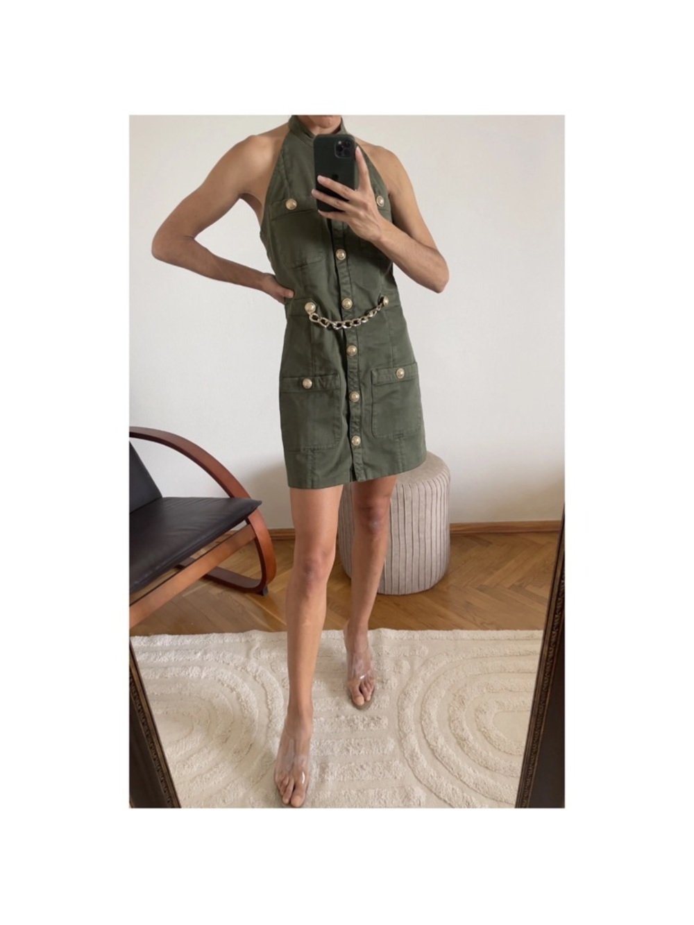 BALMAIN Military Green Khaki Cotton Halter Mini Dress with Gold Chain Belt - Picture 5 of 14